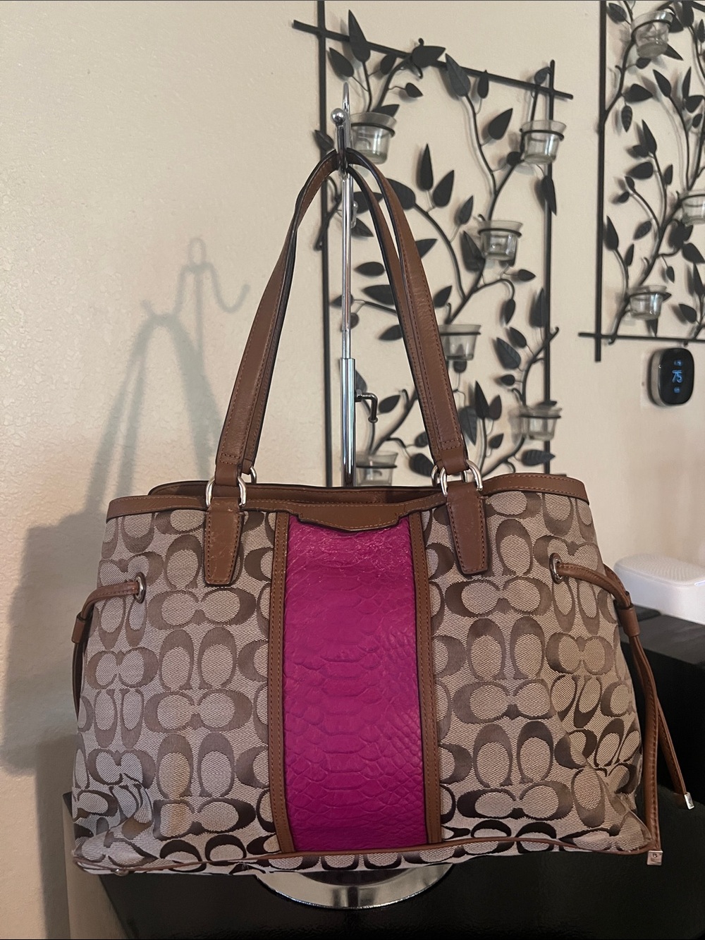 Coach Brown Tote with Pink Snakeskin Center Panel